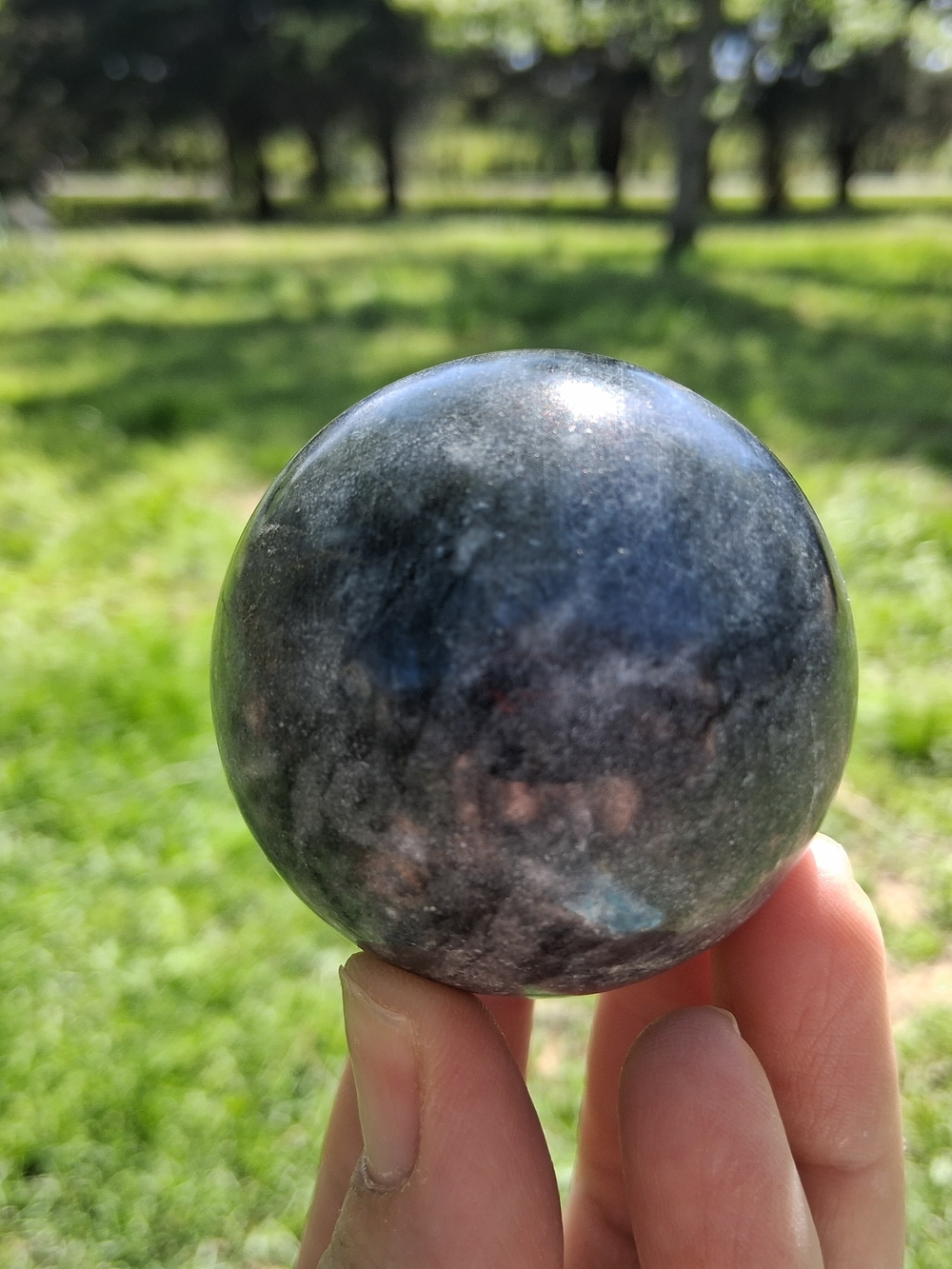 Black Nephrite Jade Quartz Crystal Sphere Ball 52.1mm Swirls Gray Display Orb